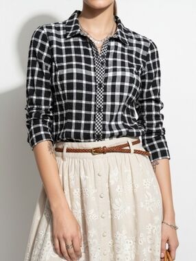 Habitat Cottagecore Gingham Shirt Black White Plaid Crinkle Button Down Relaxed